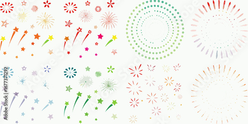Collection of colorful abstract fireworks and shooting stars on a white background