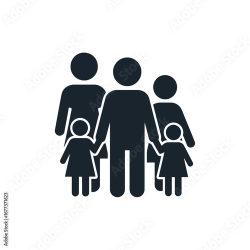 Photo of a dark blue icon representing a family group with two children, isolated on white