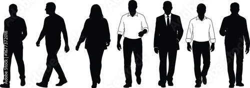 Silhouettes of diverse business people walking, men and women, formal and casual attire, professional group, teamwork, leadership, corporate lifestyle concept.