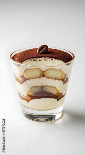 Glass cup of layered tiramisu with cocoa powder topping, isolated on white background, elegant restaurant dessert styling.
