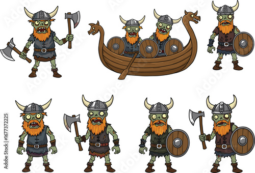 Cartoon Viking Warriors Vector Set with Horned Helmets, Axes, Shields, and Viking Longship for Medieval Norse Warrior Illustration