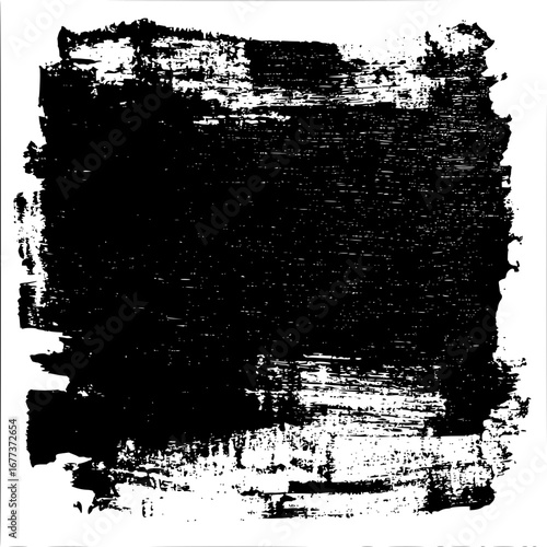 A black and white abstract painting featuring rough brushstrokes and textured surface in a rectangular shape