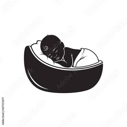 Photo of a sleeping baby boy nestled comfortably in a large, dark bowl