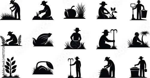 Silhouettes of farmers and gardeners working with plants, crops, and vegetables in various farming and gardening activities and environments.
