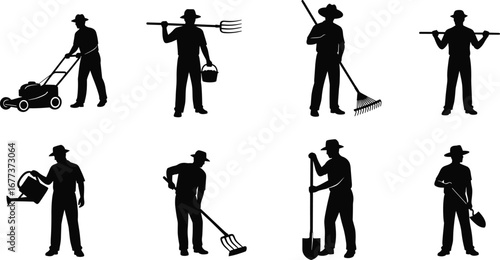 Silhouettes of farmers and gardeners working with tools, performing agricultural and gardening tasks in various outdoor poses and actions.