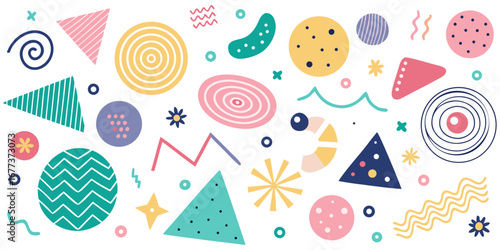 A collection of fun, unevenly stroked doodles including spirals, triangles, and polygons, on a white background.