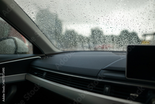 Rain on car windscreen bad weather