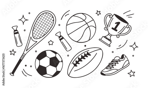 Hand-Drawn Sports Doodle Elements Vector Illustration Balls, Equipment, and Fun Sketch Symbols, easily editable and scalable.