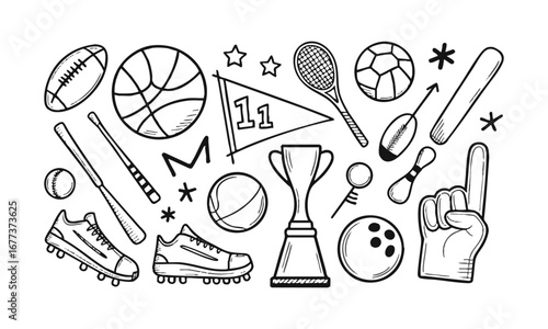 Hand-Drawn Sports Doodle Elements Vector Illustration Balls, Equipment, and Fun Sketch Symbols, easily editable and scalable.