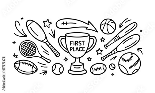 Hand-Drawn Sports Doodle Elements Vector Illustration Balls, Equipment, and Fun Sketch Symbols, easily editable and scalable.