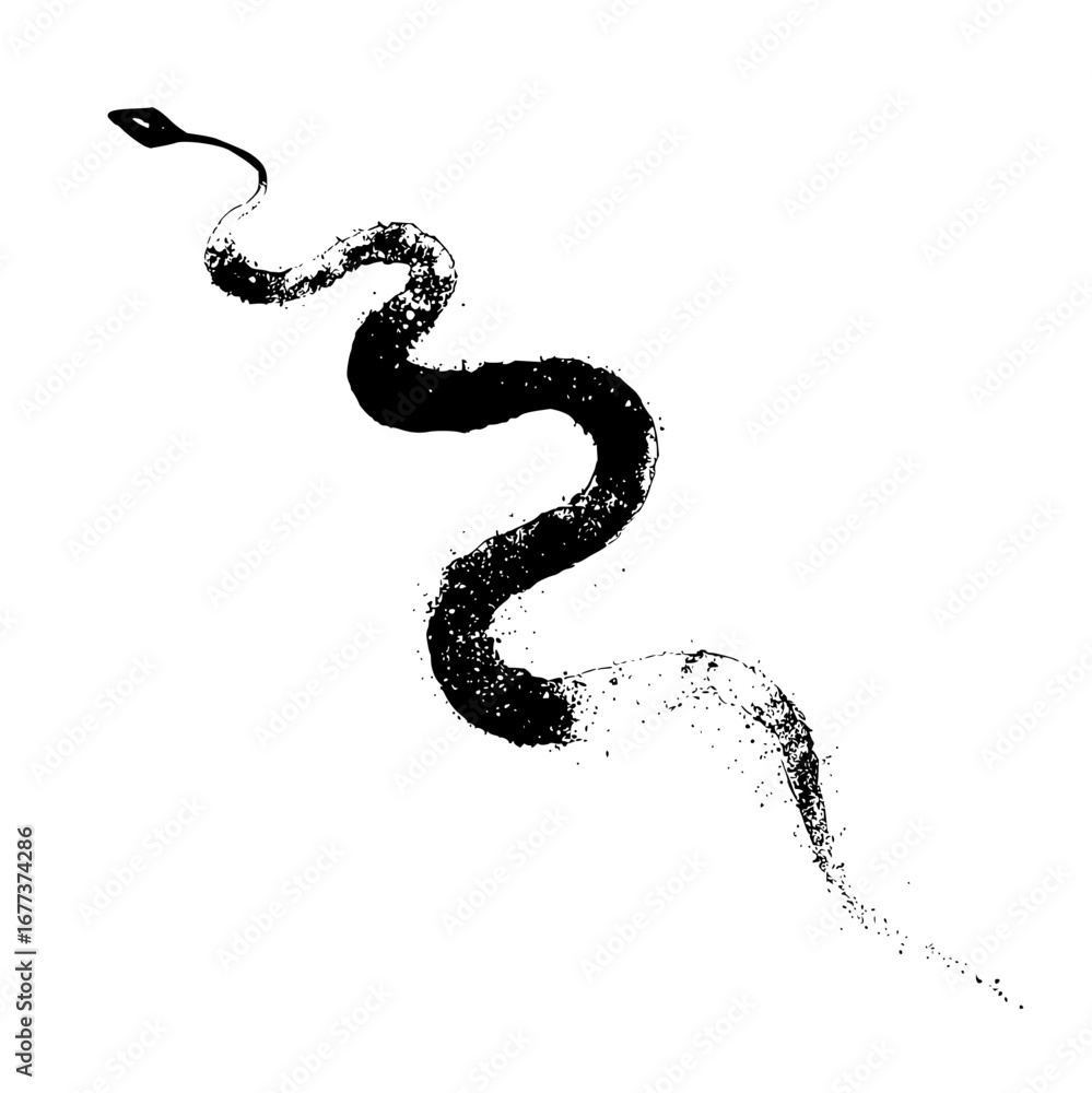 Fototapeta premium A black and white illustration of a snake with a textured body winding across a plain white background