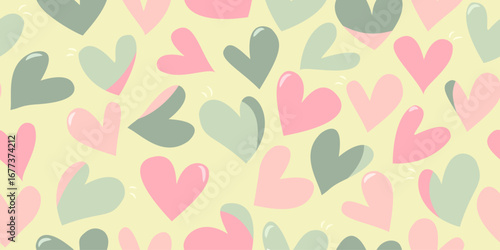 Seamless heart pattern in pink, green, and pastel colors on a soft yellow background, perfect for romantic and cute design themes.