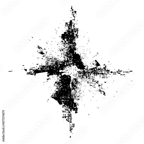 Abstract black and white grunge design with radiating lines and geometric shapes creating a starburst effect