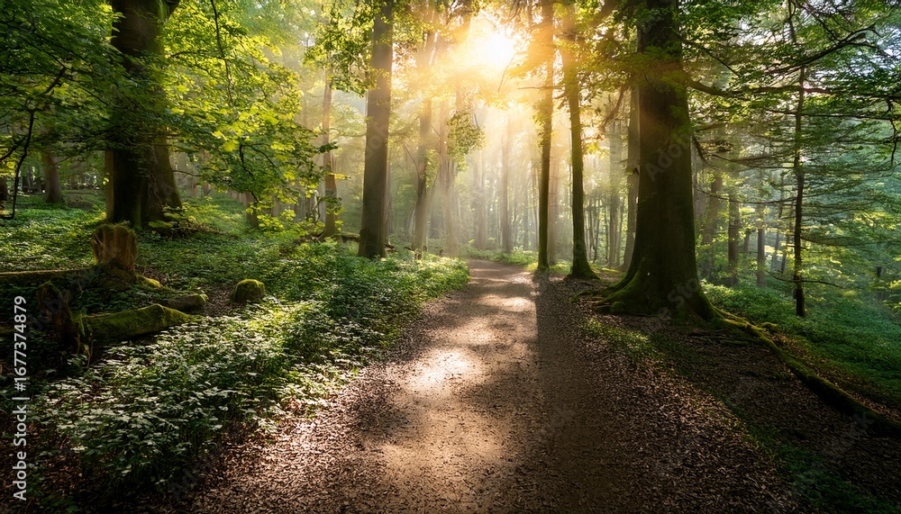 Fototapeta premium serene forest pathway illuminated by sunlight through trees