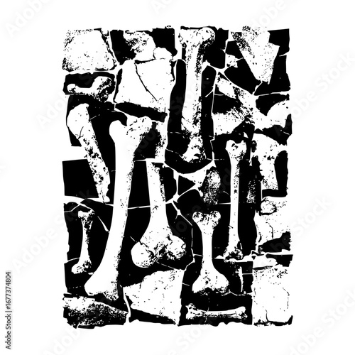 A black and white abstract illustration featuring bone like shapes in a distressed and fragmented style art