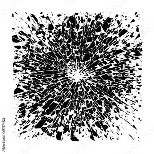 Abstract black and white shattered glass explosion pattern with radial lines and sharp edges design element