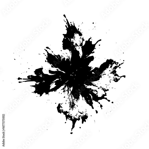 Abstract black ink blot with radial symmetry resembling a flower or explosion on white background design element