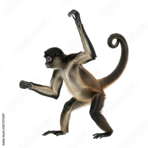 A black-headed spider monkey, also known as a white-bellied spider monkey, isolated against a pure white background.