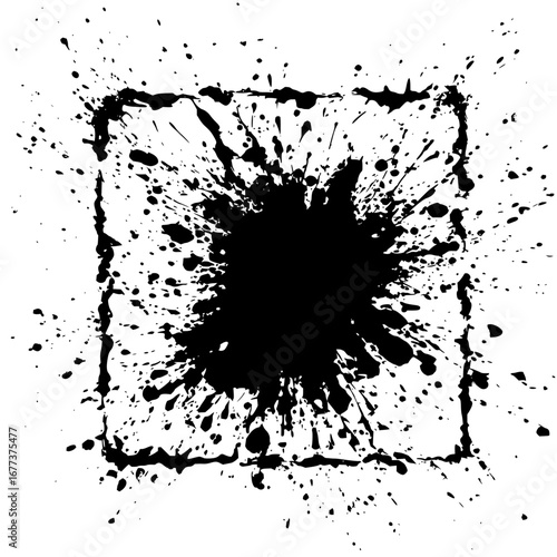 Black ink splatter design with a square frame outline and scattered droplets on a white background art