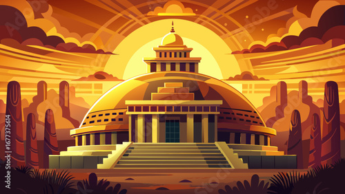 The Sanchi Stupa in India glows under golden sunlight, its carved gateways and circular dome narrating ancient Buddhist teachings, artistry, and devotion across centuries of sacred history.