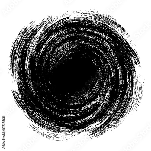 Abstract black and white vortex design with swirling brushstrokes and a central dark circular void area