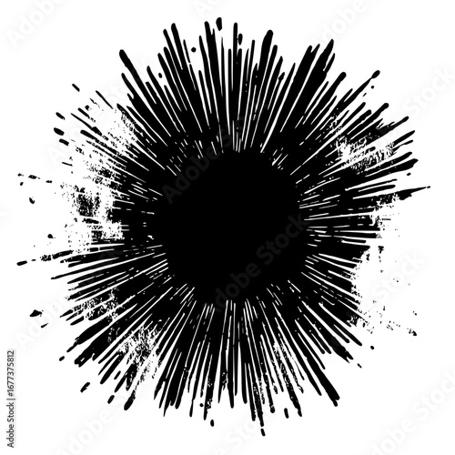 Black radial burst with textured edges emanating from a central dark circle on a white background view