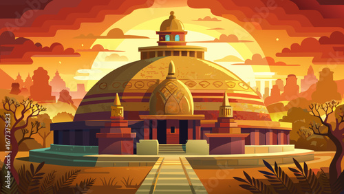 The Sanchi Stupa in India glows under golden sunlight, its carved gateways and circular dome narrating ancient Buddhist teachings, artistry, and devotion across centuries of sacred history.
