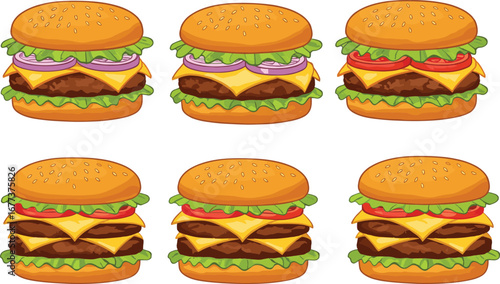 Delicious cheeseburger vector illustration set with fresh lettuce, tomatoes, cheese, onions, and juicy beef patties, perfect fast food collection.