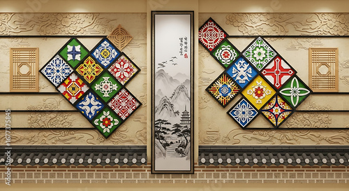 Decorative wall with colorful tile art and a landscape painting in a traditional korean style