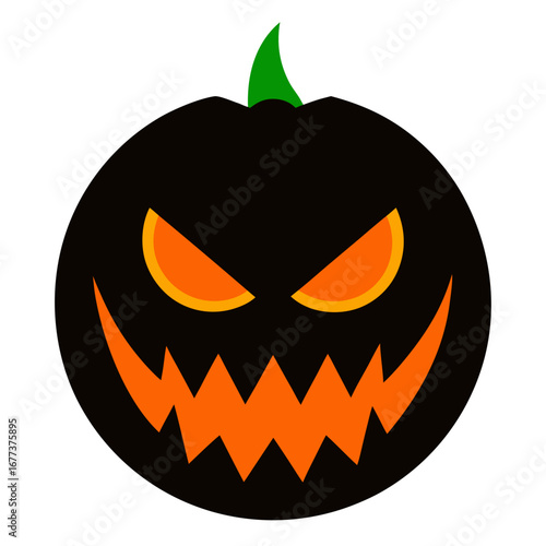 Spooky black halloween jack o lantern with green stem