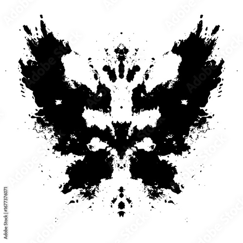 Symmetrical ink blot pattern resembling a butterfly or moth with intricate details and abstract shapes