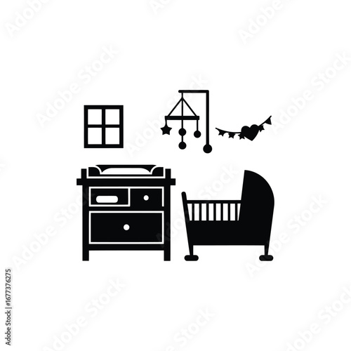 Photo of nursery room essentials including a crib, changing table, and mobile