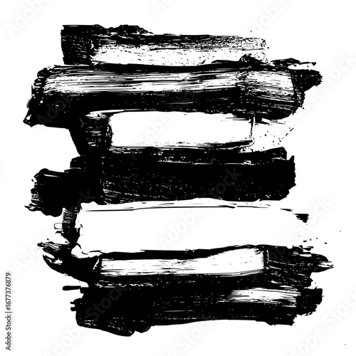Black brush strokes stacked unevenly on a white background creating abstract texture and pattern art