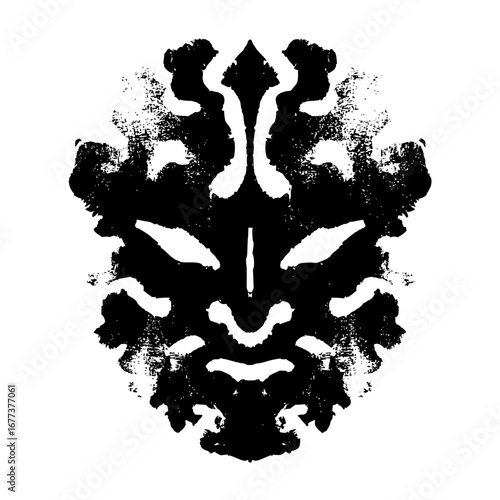 Symmetrical ink blot pattern with abstract shapes resembling a face and organic formations in black and white