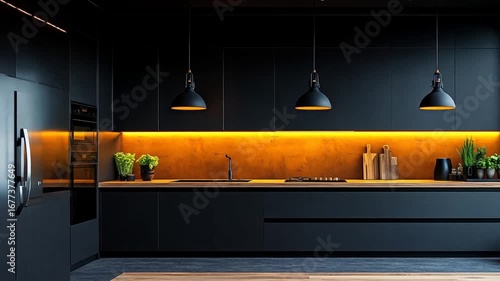 Modern Dark Kitchen Design with Yellow Backsplash