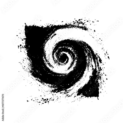 Black and white grunge style illustration of a swirling vortex with rough edges and splattered details