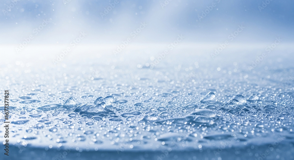 Obraz premium Close-up of sparkling water droplets on a smooth, cool blue surface, creating a refreshing and clean abstract background