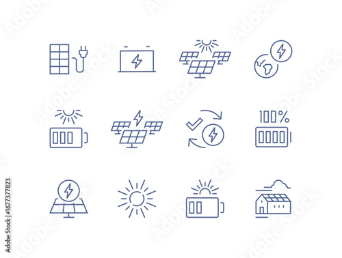 Set of solar panel related icons, alternative electricity source, solar panel plant, renewable power supply system, sustainable energy, panel installation, roof panel and linear variety vectors.
