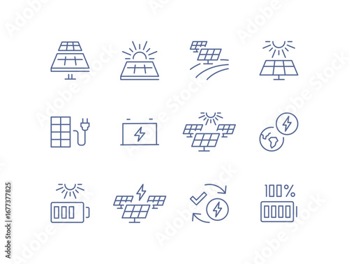 Set of solar panel related icons, alternative electricity source, solar panel plant, renewable power supply system, sustainable energy, panel installation, roof panel and linear variety vectors.