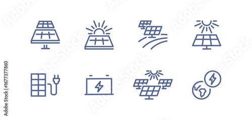 Set of solar panel related icons, alternative electricity source, solar panel plant, renewable power supply system, sustainable energy, panel installation, roof panel and linear variety vectors.