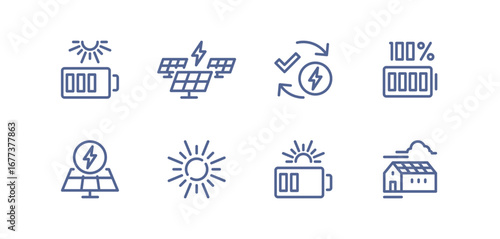 Set of solar panel related icons, alternative electricity source, solar panel plant, renewable power supply system, sustainable energy, panel installation, roof panel and linear variety vectors.