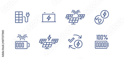 Set of solar panel related icons, alternative electricity source, solar panel plant, renewable power supply system, sustainable energy, panel installation, roof panel and linear variety vectors.