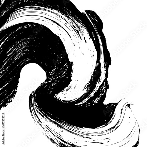 Abstract black and white brush stroke design with a swirling pattern on a white background art