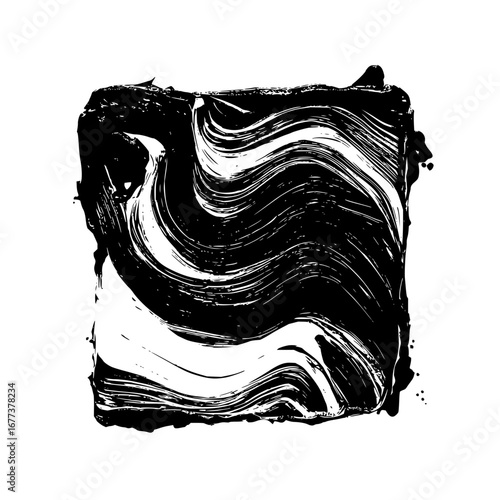 A black and white square with a swirling pattern of paint strokes and textured edges visible within it