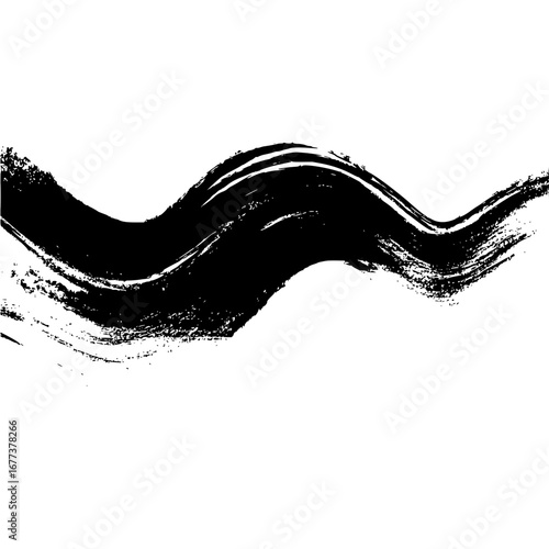 Black brush stroke with rough edges creating a wave like pattern across a white background illustration
