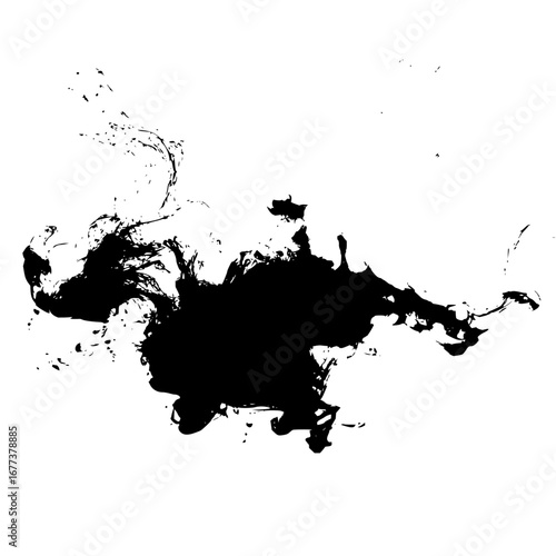 Abstract black ink blot with splatters and drips on a white background creating a dynamic and artistic effect