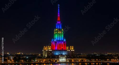 A historic skyscraper is beautifully illuminated with the vibrant colors of the rainbow at night celebrating LGBTQ+ Pride and symbolizing diversity inclusion and love.