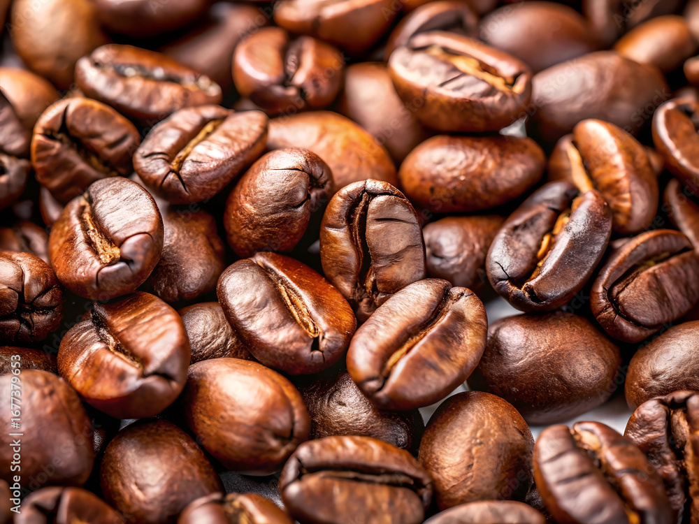 Fototapeta premium Close-Up of Roasted Coffee Beans with Rich Texture and Dark Brown Glossy Surface on White Background