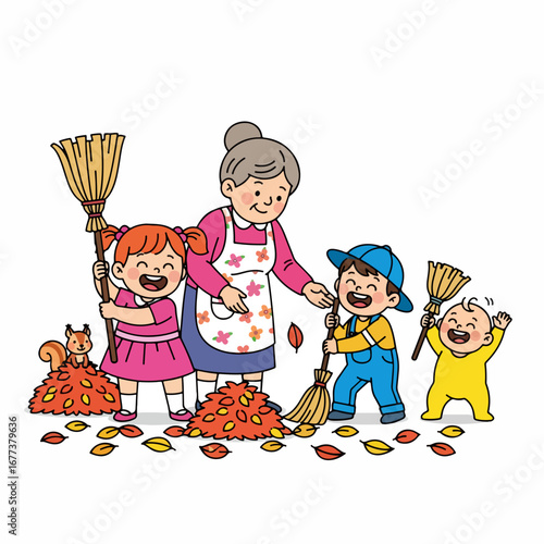Cheerful Cartoon Grandmother with Children Sweeping Fall Leaves Illustration Scene
