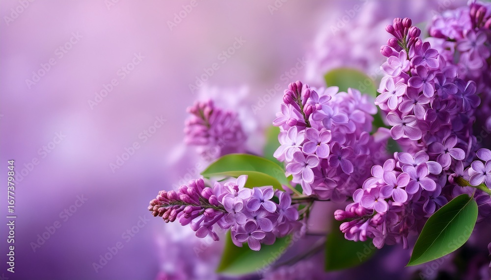 Obraz premium lush lilac blooms accompanied by vibrant green leaves on a soft lavender backdrop